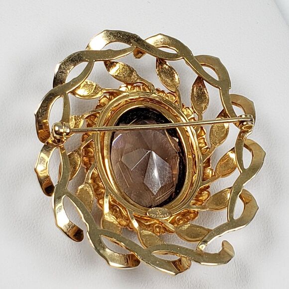 Danecraft 1960's Signed 1/20  12 K G.F. Mid Century Oval Smokey Topaz Brooch - Picture 15 of 16